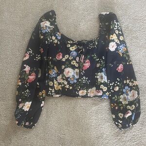 New Abercrombie & Fitch Lace-up Floral Blouse with Smocked Back
